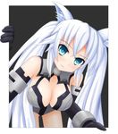  animal_ears aqua_eyes armlet bangs bare_shoulders bent_over black_background black_gloves black_heart blush bracer breasts cleavage_cutout cowboy_shot elbow_gloves gloves halterneck head_tilt highres kami_jigen_game_neptune_v kemonomimi_mode leotard light_smile long_hair looking_at_viewer magical_girl neptune_(series) noire power_symbol sarvuant sideboob sidelocks simple_background smile solo symbol-shaped_pupils turtleneck twintails very_long_hair white_hair wolf_ears 