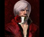  blue_eyes dante_(devil_may_cry) devil_may_cry devil_may_cry_4 ebonykkk facial_hair flower jacket male_focus mouth_hold portrait realistic red_jacket rose solo stubble unzipped watermark web_address white_hair 