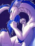  blue_eyes blue_hair claws dragon falvie hair male purple_background scalie solo white_body white_scales 