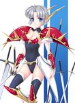  armor black_legwear breasts cleavage fred0092 gloves hairband highres langrisser langrisser_ii looking_at_viewer sherry_(langrisser) short_hair silver_hair small_breasts smile solo sword thighhighs very_short_hair weapon 