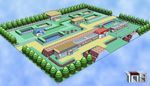  cel_shading commentary drew108 flower highres house mailbox_(incoming_mail) no_humans pokemon pokemon_(game) pokemon_center pokemon_frlg pokemon_mart pond scenery signature tree water 