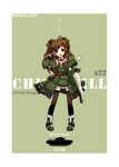  acea4 brown_hair churchill_(tank) churchill_(tank)_(personification) crocodile crocodilian ground_vehicle long_hair looking_at_viewer military military_vehicle motor_vehicle open_mouth original personification simple_background smile solo stuffed_animal stuffed_toy tank thighhighs 