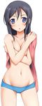  1girl aragaki_ayase bare_shoulders black_eyes black_hair blue_eyes blue_panties blush breasts cleavage covering covering_breasts kotobamaru long_hair navel open_mouth ore_no_imouto_ga_konna_ni_kawaii_wake_ga_nai panties short_hair simple_background solo sweat topless underwear 