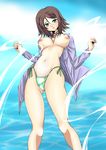  1girl aqua_eyes baka_to_test_to_shoukanjuu bikini bikini_bottom breasts brown_hair frakensteinko highres kinoshita_yuuko lactation looking_at_viewer nipples open_clothes open_shirt shirt short_hair side-tie_bikini solo swimsuit water 