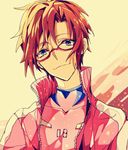  blue_eyes bodysuit brown_hair genderswap genderswap_(ftm) glasses jacket kkkkt makinami_mari_illustrious male_focus neon_genesis_evangelion pink_bodysuit plugsuit rebuild_of_evangelion smile solo track_jacket 