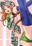  1girl armor blue_eyes breasts elf helmet huge_breasts knight large_breasts long_hair lowres open_mouth orange_hair pointy_ears solo tomato_(artist) underboob warrior 