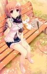  absurdres alpha_(yukai_na_nakamatachi) beamed_eighth_notes belt bench brown_hair camisole camisole_over_clothes casual copyright_request dappled_sunlight denim denim_skirt eighth_note flat_sign frilled_skirt frills half_note headphones headphones_around_neck highres looking_at_viewer microphone musical_note natural_sign purple_eyes quarter_note sandals scarf shade sharp_sign sheet_music shirt short_hair sitting skirt sleeves_rolled_up striped striped_shirt stuffed_animal stuffed_cat stuffed_mouse stuffed_toy sunlight treble_clef 