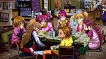  avengers bandana bar broom chair eating food french_fries fresh_precure! fujita_akane futari_wa_precure futari_wa_precure_splash_star hanasaki_tsubomi heartcatch_precure! highres hoshizora_miyuki houjou_hibiki hyuuga_saki leg_up leggings messy misumi_nagisa momozono_love mop multiple_girls parody pink_vest precure precure_all_stars restaurant shawarma short_hair sitting smile_precure! suite_precure sweeping table very_short_hair vest waguchi_shouka yes!_precure_5 yumehara_nozomi 