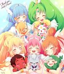  3boys 6+girls akaooni aoki_reika blush bow candy_(smile_precure!) chibi choker closed_eyes copyright_name cure_beauty cure_happy cure_march cure_peace cure_sunny dated green_choker hair_flaps hino_akane_(smile_precure!) hoshizora_miyuki joker_(smile_precure!) kise_yayoi kuune_rin magical_girl majorin majorina midorikawa_nao multiple_boys multiple_girls onini pink_bow pop_(smile_precure!) precure red_choker red_skin smile smile_precure! thank_you ururun wolfrun 