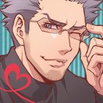  adjusting_eyewear blue_eyes close-up facial_hair glasses grey_eyes grey_hair heart heart_of_string lowres lunarclinic male_focus one_eye_closed robin_baxter solo stubble tiger_&amp;_bunny 