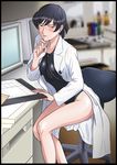  amagami areolae bad_id bad_pixiv_id black_hair breasts chair chart competition_swimsuit computer desk labcoat large_breasts legs long_legs one-piece_swimsuit open_clothes osomatu-sama pen penlight sitting smile solo stethoscope swimsuit tsukahara_hibiki 