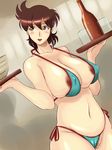  1girl ajiyoshi_noriko areola_slip areolae bikini blush bottle breasts brown_eyes brown_hair erect_nipples highres huge_breasts ibuki_rinji large_breasts matching_hair/eyes milf mister_ajikko navel nipple_slip pubic_hair pussy_peek side-tie_bikini skindentation solo swimsuit tablet waitress 