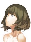  92m blue_eyes blush brown_hair green_eyes heterochromia idolmaster idolmaster_cinderella_girls looking_up mole mole_under_eye nude portrait short_hair signature simple_background solo takagaki_kaede white_background 