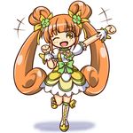  ;d arm_up boots brown_hair choker cure_rosetta dokidoki!_precure double_bun dress flower full_body green_choker hair_flower hair_ornament hairpin knee_boots kou512a long_hair magical_girl no_nose one_eye_closed open_mouth precure smile solo standing standing_on_one_leg twintails white_background wrist_cuffs yellow_eyes yotsuba_alice 