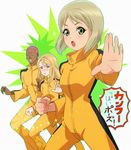  2girls bad_id bad_pixiv_id blonde_hair blush bodysuit brown_eyes bruce_lee's_jumpsuit cosplay earrings fighting_stance green_eyes highres huang_baoling huang_baoling_(cosplay) jewelry karina_lyle multiple_girls nathan_seymour orange_bodysuit pink_hair tiger_&amp;_bunny translated umishima_senbon 