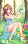  blue_eyes brown_hair dress flower flower_pot food fruit hair_flower hair_ornament high_heels highres legs long_hair nature original plant potted_plant sandals shoes sitting smile solo strappy_heels suikakitsu_shiro tomato tree watermelon xia_you_qing 