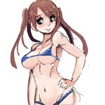  bikini blue_bikini blue_eyes blush breasts brown_hair character_request copyright_request groin hand_on_hip large_breasts long_hair lowres micro_bikini navel oekaki sho-n-d smile solo swimsuit twintails underboob 