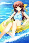  absurdres afloat ahoge alpha_(yukai_na_nakamatachi) barefoot bikini bow brown_eyes brown_hair collarbone feet frilled_bikini frills hair_bow half_updo halterneck highres hinata_natsumi_(sharin_no_kuni) innertube legs light_smile long_hair ocean plaid plaid_bikini scan sharin_no_kuni_himawari_no_shoujo smile soles solo swimsuit tankini toes water waves wet 