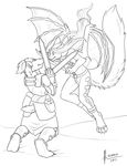  4_toes angry anthro armor badger belt black_and_white canine claws clothed clothing digitigrade dragon english_text feline female fluffy_tail hair hybrid inks long_hair male mammal monochrome mustelid plain_background rados_badger sword temrin text warrior weapon white_background wings 