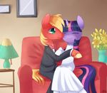  2 2013 anthro anthrofied big_macintosh_(mlp) blonde_hair bow_tie clothing couple duo equine eyes_closed female friendship_is_magic gold green_eyes hair horn horse hug lamp male mammal married multi-colored_hair my_little_pony plant pony ring sofa solar-slash twilight_sparkle_(mlp) unicorn wedding_dress 