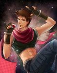  abs blue_eyes brown_hair crop_top fingerless_gloves gem gloves highres ianzhan jewelry jojo_no_kimyou_na_bouken joseph_joestar_(young) male_focus midriff necklace red_stone_of_aja scarf solo 