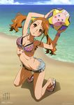  :o absurdres anjou_naruko ano_hi_mita_hana_no_namae_wo_bokutachi_wa_mada_shiranai. arched_back asymmetrical_hair ball beach beachball bikini bikini_top blush bracelet breasts brown_eyes brown_hair cleavage cloud cutoffs day denim denim_shorts front-tie_top hair_ornament hairclip highres jewelry layered_bikini medium_breasts nail_polish official_art outdoors sandals scan shiny shiny_skin short_shorts shorts side-tie_bikini sky solo swimsuit tanaka_masayoshi twintails 