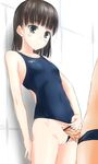  1girl bangs bar_censor bare_shoulders black_eyes black_hair blush censored clothes_writing competition_swimsuit flat_chest hetero highres leaning_back one-piece_swimsuit original penis precum pussy short_hair speedo_(company) swimsuit swimsuit_aside takafumi 