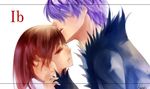  1girl bangs border brown_hair character_name cloak colored_eyelashes copyright_name eyelashes forehead_kiss from_side garry_(ib) hair_over_eyes hand_in_hair hand_on_another's_head hands_on_another's_wrists height_difference hug ib ib_(ib) kiss kuroki_makoto long_hair long_sleeves parted_lips profile purple_hair red_eyes red_hair signature upper_body uppercut white_background 