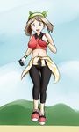  bandana blue_eyes breasts brown_hair clothes_around_waist exercise gloves haruka_(pokemon) highres impossible_clothes large_breasts leggings midriff navel pokemon running shoes sig_(sfried) smile sneakers solo sweater sweater_around_waist 