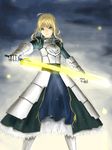  ahoge armor armored_dress artoria_pendragon_(all) bad_id bad_pixiv_id blonde_hair excalibur fate/stay_night fate_(series) faulds gauntlets glowing glowing_sword glowing_weapon greaves green_eyes highres juliet_sleeves long_sleeves puffy_sleeves regonamu saber solo sword weapon 