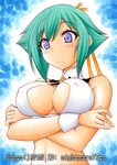  aquarion_(series) aquarion_evol artist_name blush breasts cleavage cleavage_cutout covered_nipples crop_top green_hair hair_ribbon large_breasts nightmare77zx ribbon short_hair solo traditional_media wrist_cuffs zessica_wong 