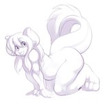  4_toes all_fours ambiguous_gender barefoot behemuffin big_feet black_&amp;_wite chubby cute dragon female fur greyscale hair line_art lintu long_hair looking_at_viewer monochrome nude paws plain_background side_view tail_tuft teasing thick_thighs tongue tongue_out tuft white_background 