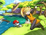  belt blonde_hair emphasis_lines fishing_rod forest hat long_hair motion_blur nature pants poke_ball pokemon pokemon_special ponytail river sig_(sfried) smile solo tree yellow_(pokemon) 