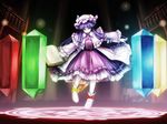  bad_id bad_pixiv_id book bow crescent crystal dress floating floating_book floating_object frills glowing hat long_hair magic_circle nishi_masakazu open_book outstretched_arms patchouli_knowledge philosopher's_stone purple_eyes purple_hair ribbon shoe_ribbon shoes smile solo touhou 