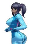  alternate_hair_color alternate_skin_color ass black_hair bodysuit breasts cosplay dark_skin green_eyes highres large_breasts lips lipstick long_hair makeup metroid nikcesco ponytail samus_aran skin_tight solo source_request transparent_background very_dark_skin zero_suit 