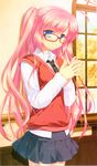  absurdres alpha_(yukai_na_nakamatachi) blue_eyes cardigan copyright_request glasses hands_together highres long_hair necktie own_hands_together pink_hair red-framed_eyewear scan school_uniform solo twintails window 