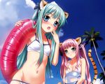  2girls animal_ears bikini blush cleavage green_hair kannatsuki_noboru original pink_hair swimsuit tail twintails wet 