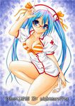  bikini_top blue_eyes blue_hair bra breasts cleavage front-tie_top glasses hat long_hair medium_breasts nightmare77zx nurse open_clothes open_toe_shoes original ribbon shoes solo striped striped_bra syringe traditional_media twintails underwear 