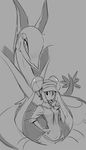  bad_id bad_pixiv_id breasts double_bun drink gen_5_pokemon greyscale hand_on_hip long_hair medium_breasts mei_(pokemon) monochrome pokemon pokemon_(creature) pokemon_(game) pokemon_bw2 serperior sho-n-d sipping twintails visor_cap 