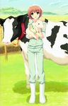  :d absurdres alpha_(yukai_na_nakamatachi) bell bird boots brown_hair chick copyright_request cow cow_bell ear_tag farm fence gloves grass green_eyes highres open_mouth pig rubber_boots scan sleeves_rolled_up smile wooden_fence 