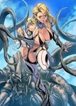  bikini black_bikini blonde_hair blue_eyes boots breasts day elf faulds garter_straps gauntlets homare_(fool's_art) large_breasts long_hair monster open_mouth original pauldrons pointy_ears sky solo string_bikini swimsuit tentacles thigh_boots thighhighs 