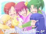  aoki_reika artist_name blush bow candy_(smile_precure!) closed_eyes creature crying group_hug hairband hino_akane_(smile_precure!) hoshizora_miyuki hug joy_ride kise_yayoi long_hair multiple_girls open_mouth pink_bow pink_vest precure short_hair smile_precure! snot tears translation_request vest white_hairband 