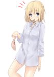  blonde_hair blue_eyes bottomless dress_shirt highres long_hair mouth_hold naked_shirt original panties panties_removed saku_(kudrove) shirt solo underwear 