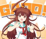  1girl :o ahoge blue_sailor_collar blush breasts brown_eyes brown_hair claw_pose collarbone commentary fang gao hands_up kantai_collection kuma_(kantai_collection) long_hair looking_at_viewer miicha necktie open_mouth red_neckwear romaji_commentary sailor_collar school_uniform serafuku shirt short_sleeves small_breasts solo sparkle twitter_username very_long_hair white_shirt 