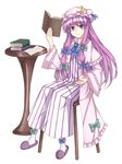  blush book bow chair crescent dress full_body hair_bow hair_ribbon hat long_hair note patchouli_knowledge purple_eyes purple_hair ribbon sitting smile solo table take5321 touhou 