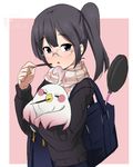  asagiri_shiori badminton_racket bag bird black_eyes black_hair blush cardigan dera_mochimazzui eating food glasses inaka_keikou open_mouth pocky racket scarf school_uniform short_hair side_ponytail tamako_market 