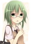 bad_id bad_pixiv_id bag bespectacled glasses green_eyes green_hair gumi highres looking_at_viewer necktie open_mouth red-framed_eyewear school_bag short_hair solo sweater_vest vocaloid yamasuta 