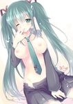  bad_id bad_pixiv_id breasts detached_sleeves green_eyes green_hair hatsune_miku karakutichou large_breasts long_hair necktie nipples one_eye_closed open_clothes open_shirt shirt skirt solo twintails very_long_hair vocaloid 