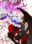  black_dress black_legwear blue_eyes boots cure_moonlight dark_precure dress elbow_gloves flower gloves green_hair hair_flower hair_ornament heart heartcatch_precure! highres long_hair magical_girl miatsushi multiple_girls precure purple_hair rose short_hair single_wing thigh_boots thighhighs tsukikage_yuri wings 