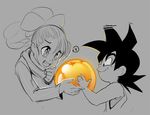  1boy 1girl bad_id bad_pixiv_id bulma dragon_ball dragon_ball_(classic) dragon_ball_(object) glowing grin long_hair partially_colored ponytail sho-n-d sleeveless smile son_gokuu spiked_hair younger 